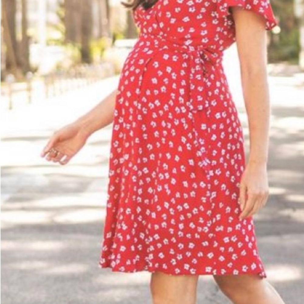Seraphine red and white wrap maternity dress